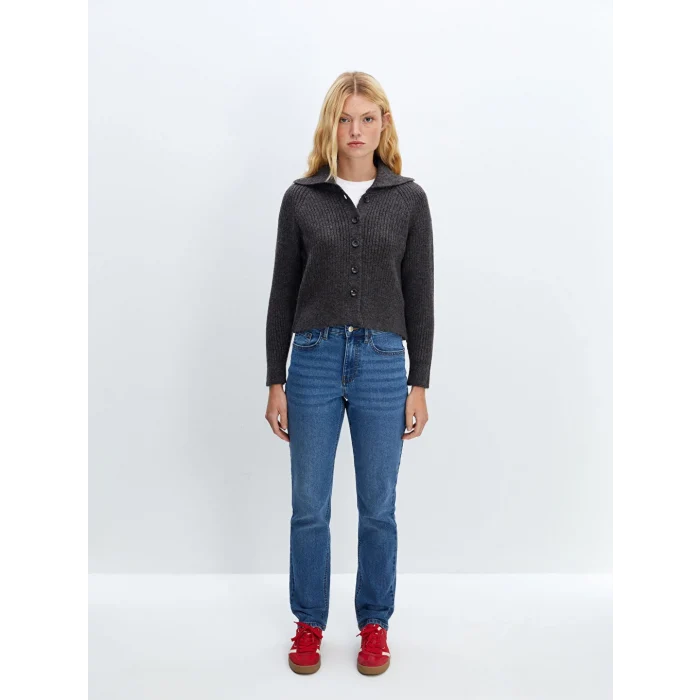 LCW Vision Kahverengi Ceket Yaka Dokulu Kadın Triko Hırka