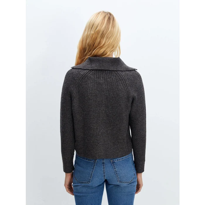 LCW Vision Kahverengi Ceket Yaka Dokulu Kadın Triko Hırka