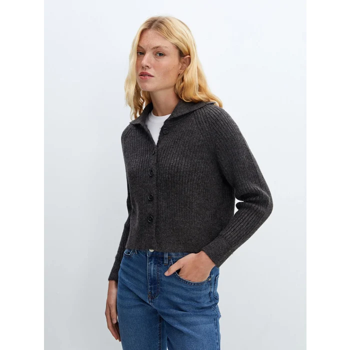 LCW Vision Kahverengi Ceket Yaka Dokulu Kadın Triko Hırka