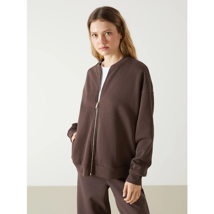 LCW Vision Kahverengi Kolej Yaka Oversize Kadın Fermuarlı Sweatshirt