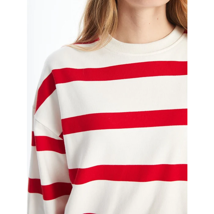 LCW Vision Kırmızı Bisiklet Yaka Çizgili Oversize Kadın Sweatshirt