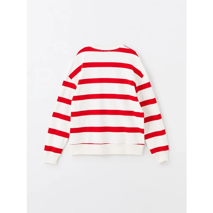 LCW Vision Kırmızı Bisiklet Yaka Çizgili Oversize Kadın Sweatshirt