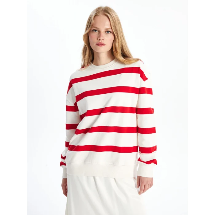 LCW Vision Kırmızı Bisiklet Yaka Çizgili Oversize Kadın Sweatshirt