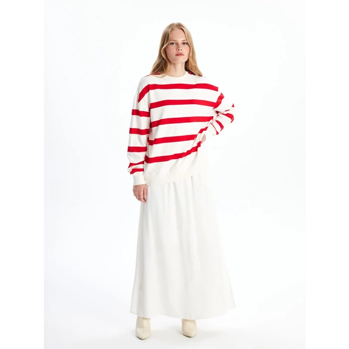 LCW Vision Kırmızı Bisiklet Yaka Çizgili Oversize Kadın Sweatshirt