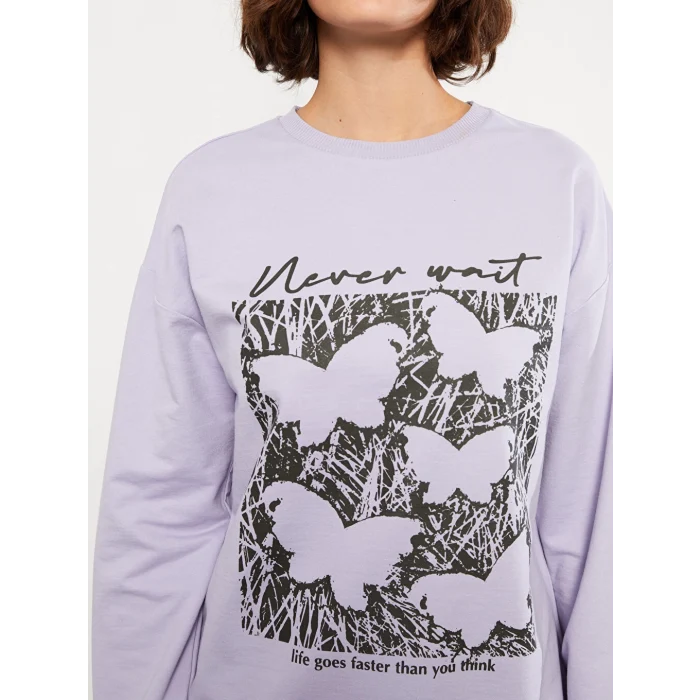 LCW Vision Lila Bisiklet Yaka Baskılı Uzun Kollu Kadın Sweatshirt