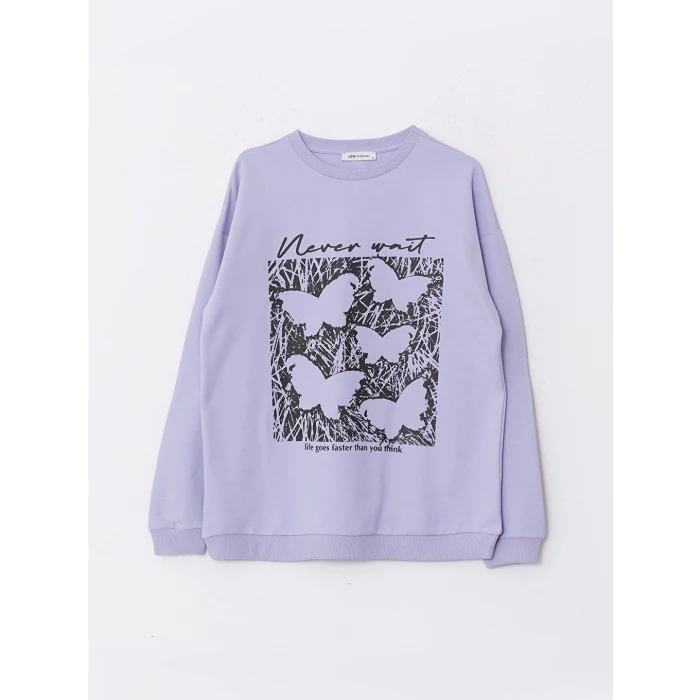 LCW Vision Lila Bisiklet Yaka Baskılı Uzun Kollu Kadın Sweatshirt