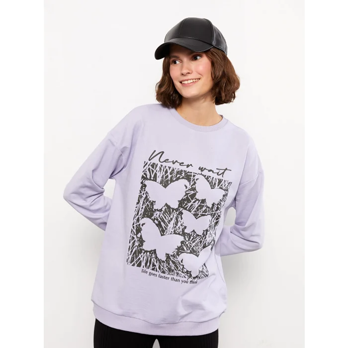 LCW Vision Lila Bisiklet Yaka Baskılı Uzun Kollu Kadın Sweatshirt
