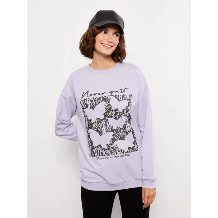 LCW Vision Lila Bisiklet Yaka Baskılı Uzun Kollu Kadın Sweatshirt