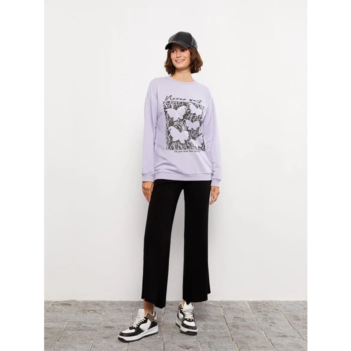 LCW Vision Lila Bisiklet Yaka Baskılı Uzun Kollu Kadın Sweatshirt