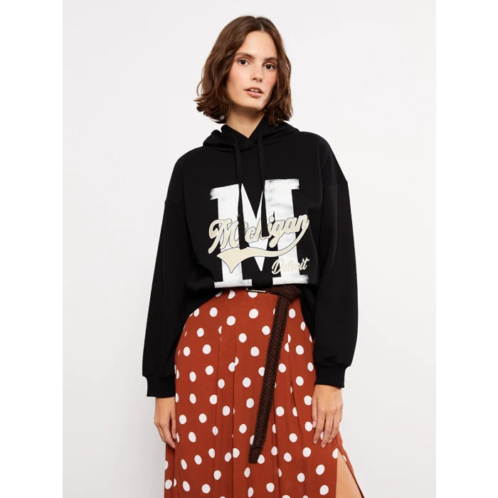 LCW Vision Siyah Baskılı Kadın Kalın Hoodie