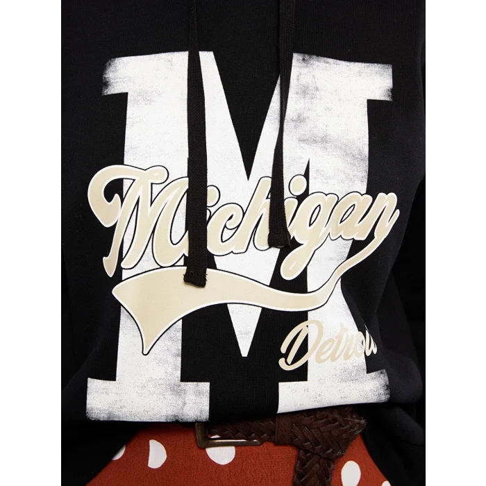 LCW Vision Siyah Baskılı Kadın Kalın Hoodie