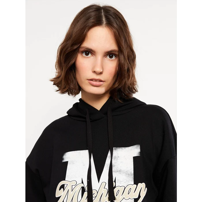 LCW Vision Siyah Baskılı Kadın Kalın Hoodie