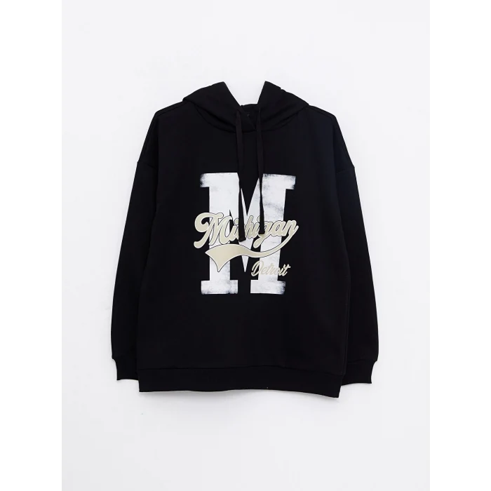 LCW Vision Siyah Baskılı Kadın Kalın Hoodie