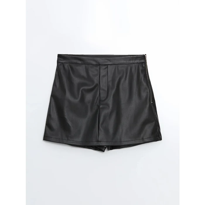 LCW Vision Siyah Beli Fermuarlı Deri Görünümlü Kadın Şort Etek