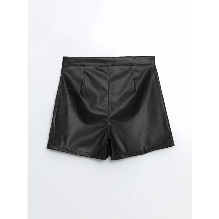 LCW Vision Siyah Beli Fermuarlı Deri Görünümlü Kadın Şort Etek