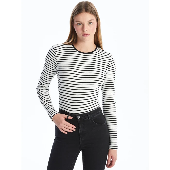 LCW Vision Siyah Bisiklet Yaka Çizgili Kadın Body
