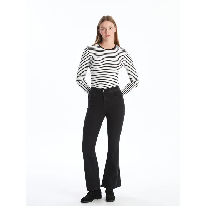 LCW Vision Siyah Bisiklet Yaka Çizgili Kadın Body