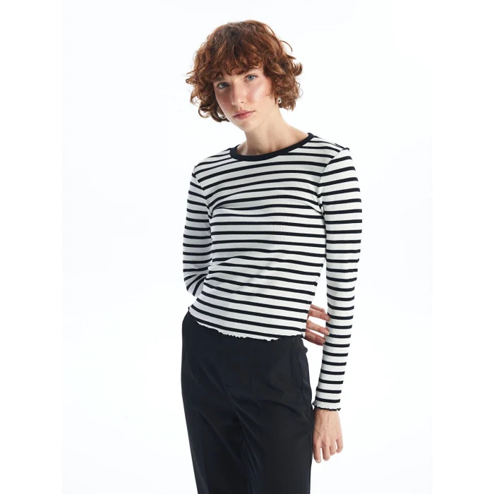 LCW Vision Siyah Bisiklet Yaka Çizgili Kadın Tişört