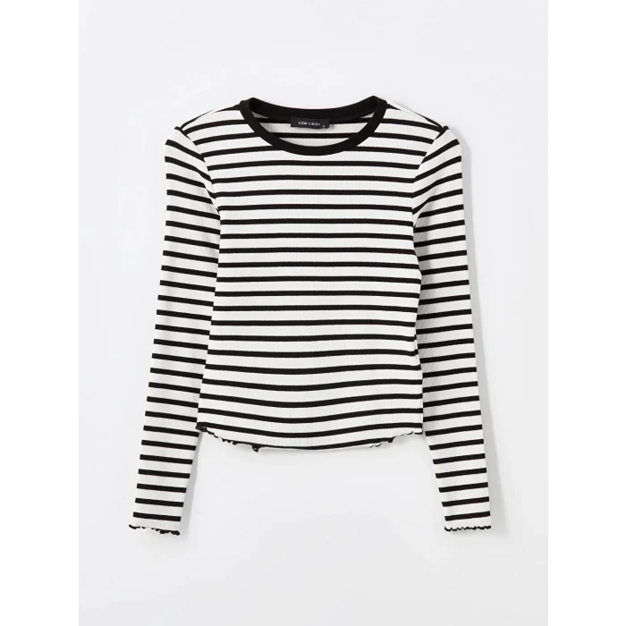 LCW Vision Siyah Bisiklet Yaka Çizgili Kadın Tişört