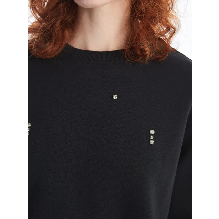 LCW Vision Siyah Bisiklet Yaka Parlak Taşlı Kadın Kalın Sweatshirt