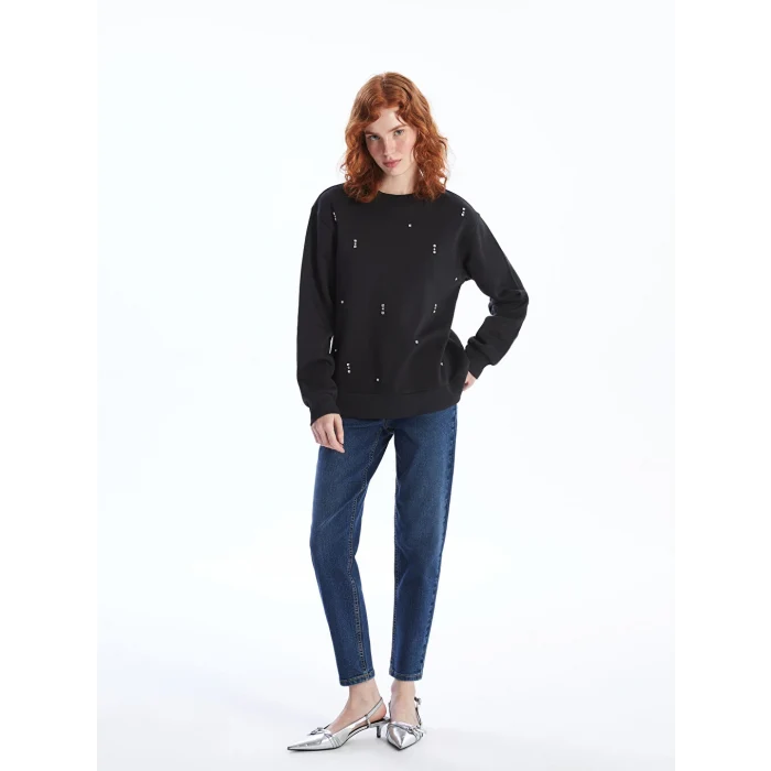LCW Vision Siyah Bisiklet Yaka Parlak Taşlı Kadın Kalın Sweatshirt