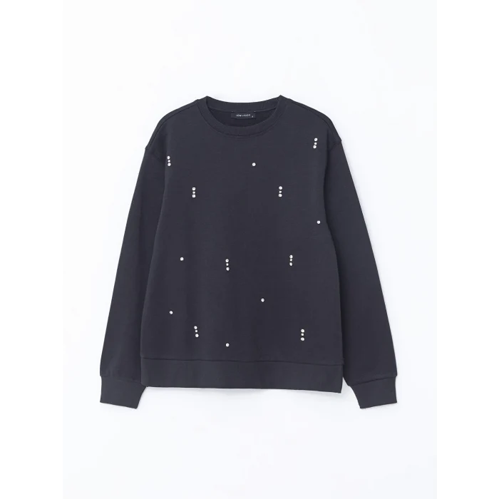 LCW Vision Siyah Bisiklet Yaka Parlak Taşlı Kadın Kalın Sweatshirt