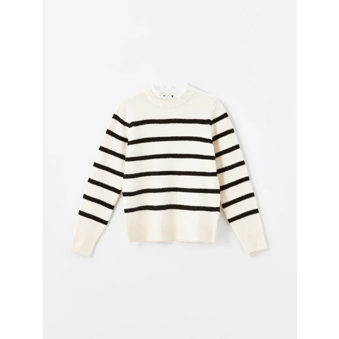 LCW Vision Siyah Fırfırlı Dik Yaka Çizgili Uzun Kollu Kadın Triko Kazak