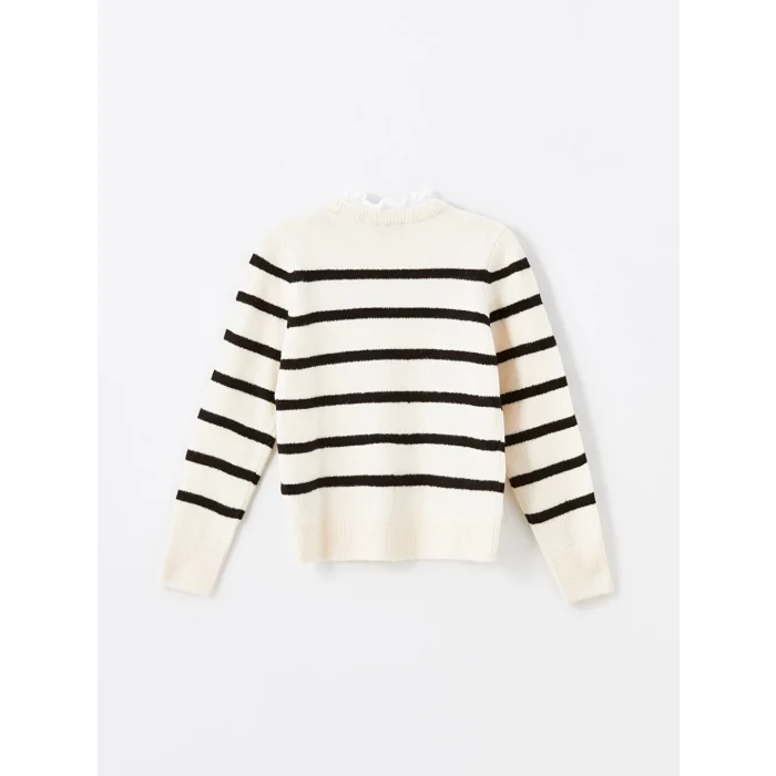 LCW Vision Siyah Fırfırlı Dik Yaka Çizgili Uzun Kollu Kadın Triko Kazak