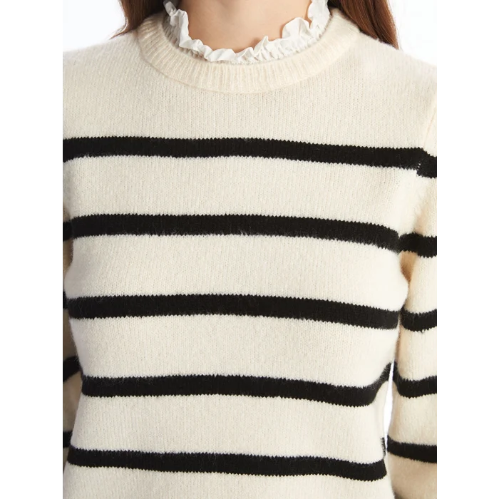 LCW Vision Siyah Fırfırlı Dik Yaka Çizgili Uzun Kollu Kadın Triko Kazak