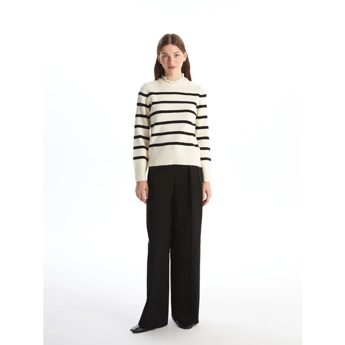 LCW Vision Siyah Fırfırlı Dik Yaka Çizgili Uzun Kollu Kadın Triko Kazak