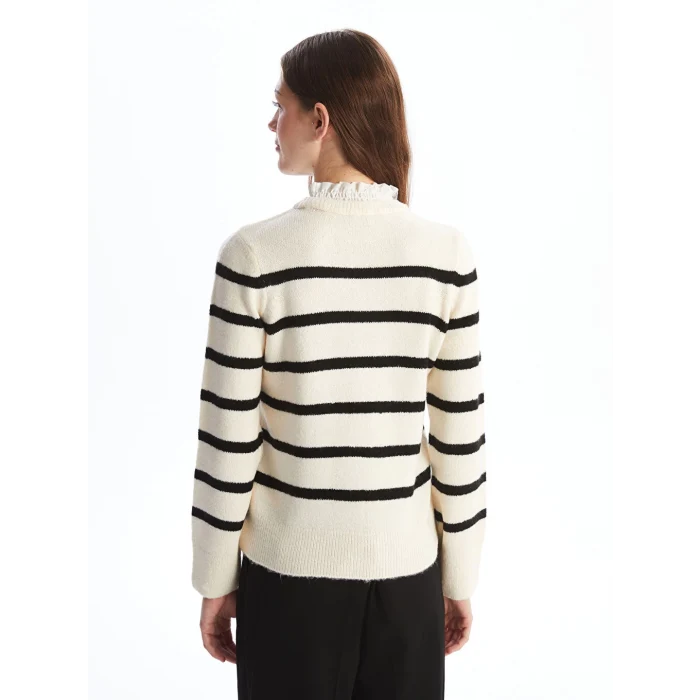 LCW Vision Siyah Fırfırlı Dik Yaka Çizgili Uzun Kollu Kadın Triko Kazak