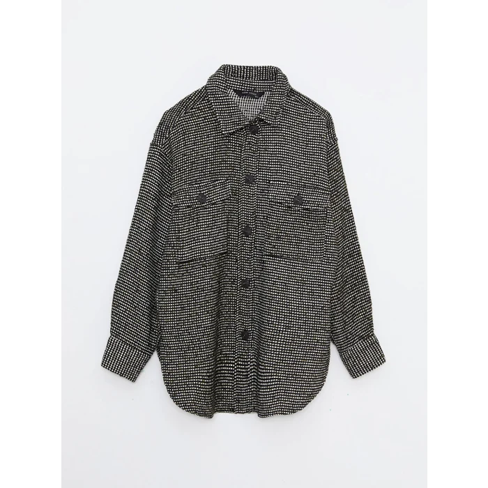 LCW Vision Siyah Önden Düğme Kapamalı Desenli Uzun Kollu Kadın Tüvit Gömlek Ceket