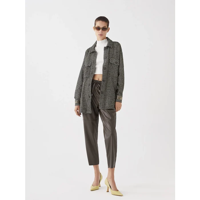 LCW Vision Siyah Önden Düğme Kapamalı Desenli Uzun Kollu Kadın Tüvit Gömlek Ceket