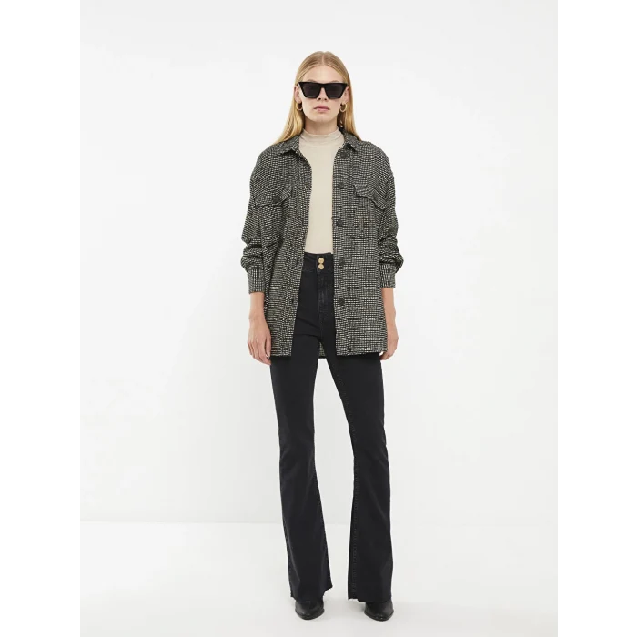 LCW Vision Siyah Önden Düğme Kapamalı Desenli Uzun Kollu Kadın Tüvit Gömlek Ceket