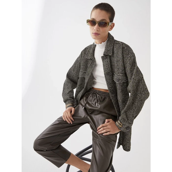 LCW Vision Siyah Önden Düğme Kapamalı Desenli Uzun Kollu Kadın Tüvit Gömlek Ceket