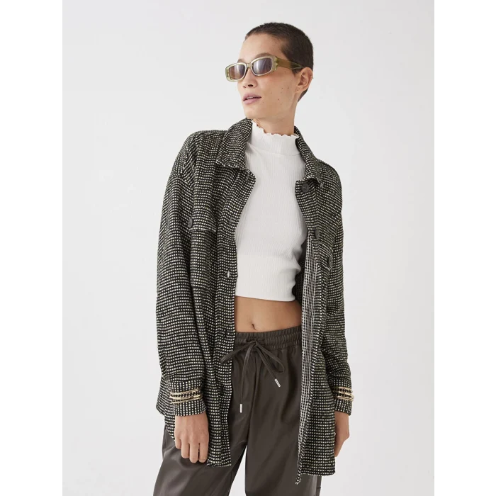 LCW Vision Siyah Önden Düğme Kapamalı Desenli Uzun Kollu Kadın Tüvit Gömlek Ceket