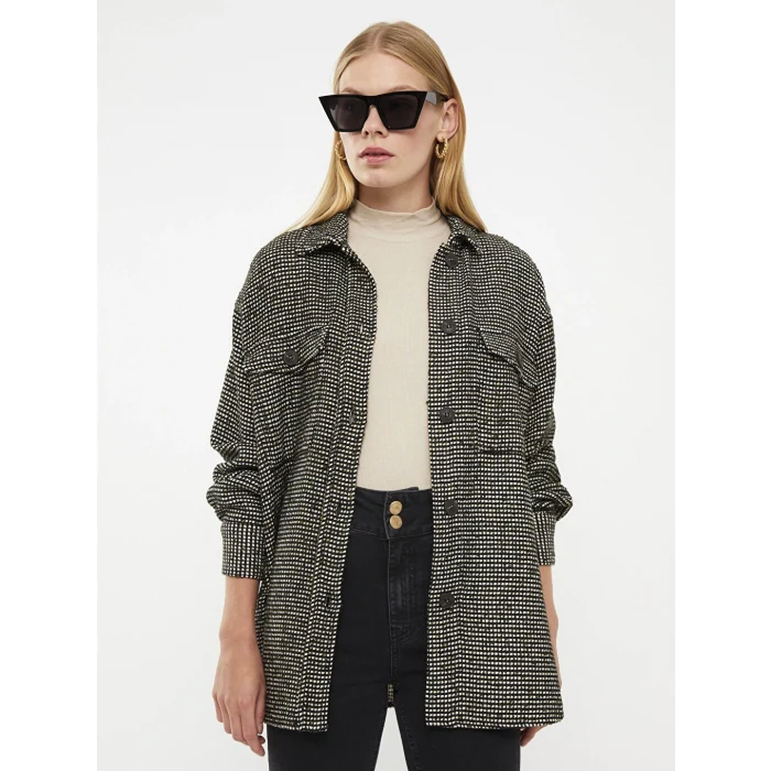 LCW Vision Siyah Önden Düğme Kapamalı Desenli Uzun Kollu Kadın Tüvit Gömlek Ceket