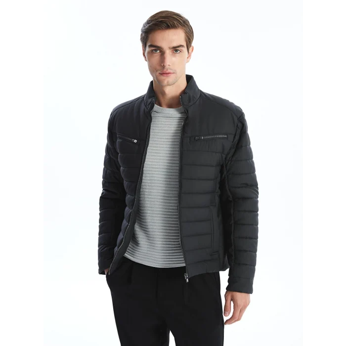 LCW Vision Siyah Slim Fit Dik Yaka Erkek Deri Görünümlü Mont