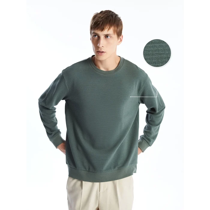 LCW Vision Yeşil Bisiklet Yaka Uzun Kollu Erkek Dokulu Sweatshirt