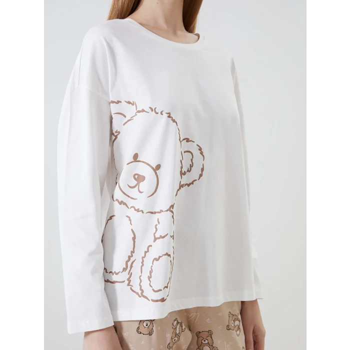 LCW Young Bej Bisiklet Yaka Baskılı Kadın Pijama Takımı