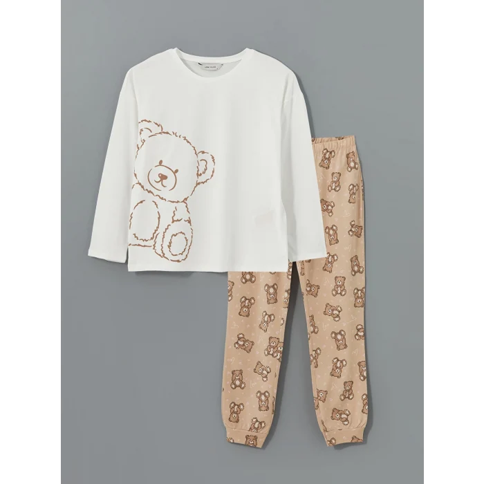LCW Young Bej Bisiklet Yaka Baskılı Kadın Pijama Takımı