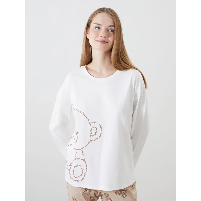 LCW Young Bej Bisiklet Yaka Baskılı Kadın Pijama Takımı