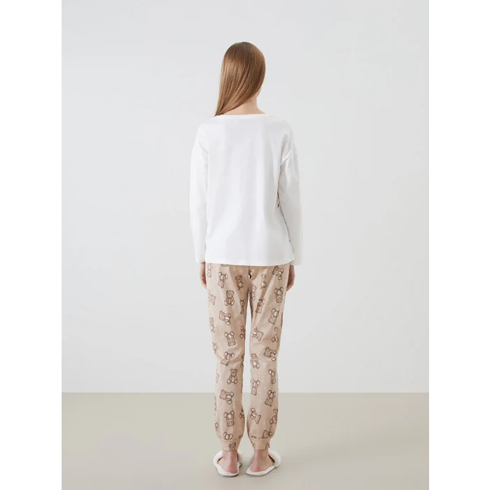 LCW Young Bej Bisiklet Yaka Baskılı Kadın Pijama Takımı