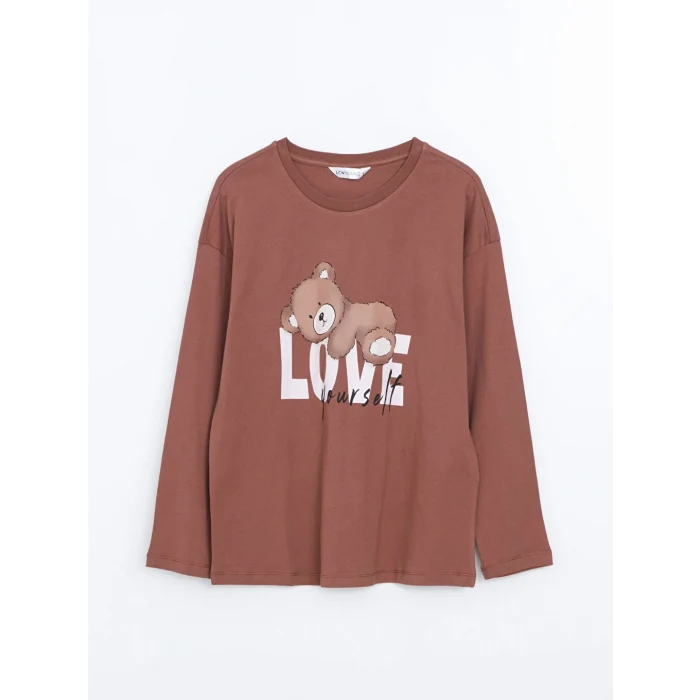 LCW Young Kahverengi Bisiklet Yaka Baskılı Kadın Pijama Takımı