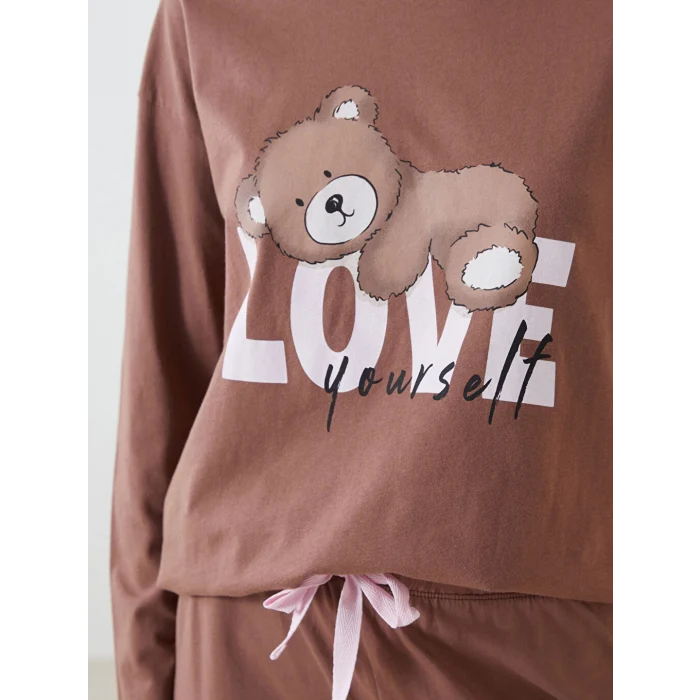 LCW Young Kahverengi Bisiklet Yaka Baskılı Kadın Pijama Takımı