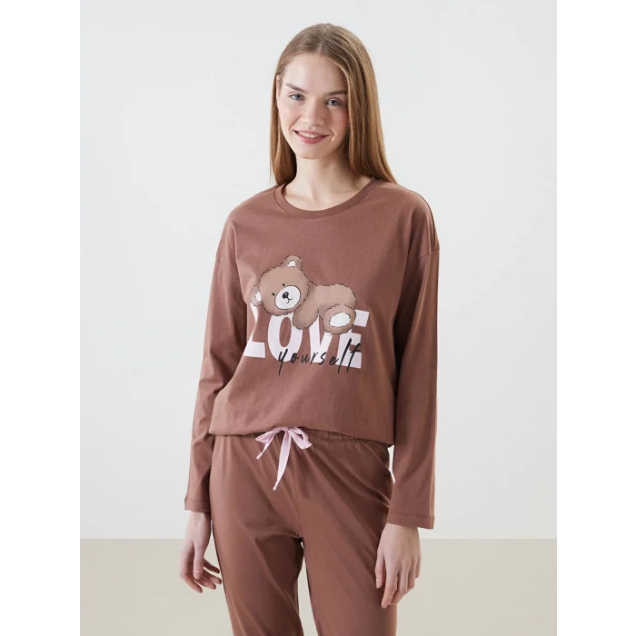 LCW Young Kahverengi Bisiklet Yaka Baskılı Kadın Pijama Takımı