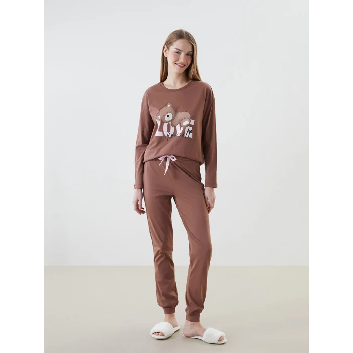 LCW Young Kahverengi Bisiklet Yaka Baskılı Kadın Pijama Takımı