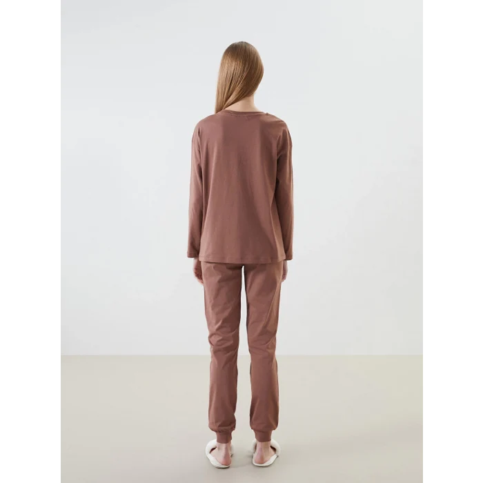 LCW Young Kahverengi Bisiklet Yaka Baskılı Kadın Pijama Takımı