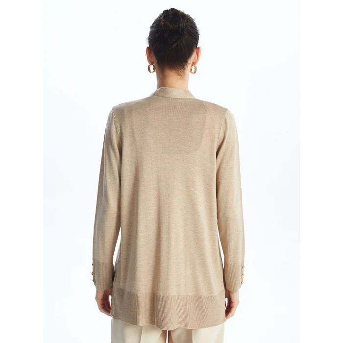 LCWAIKIKI Basic Bej Şal Yaka Düz Uzun Kollu Kadın Triko Hırka