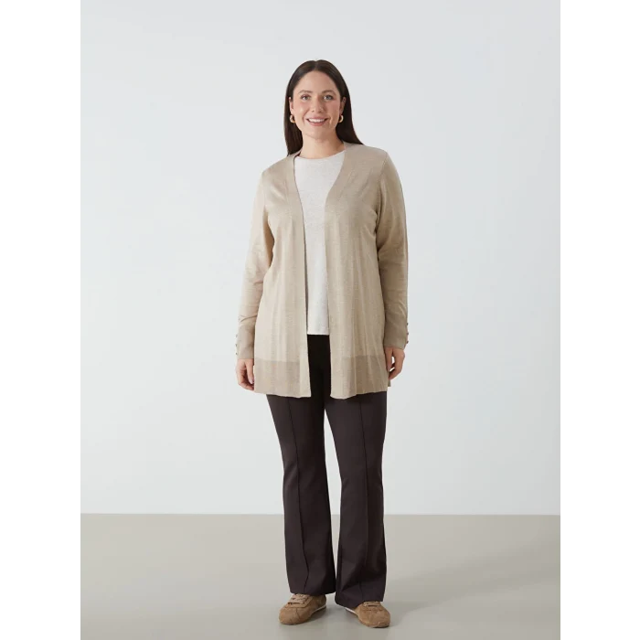 LCWAIKIKI Basic Bej Şal Yaka Düz Uzun Kollu Kadın Triko Hırka